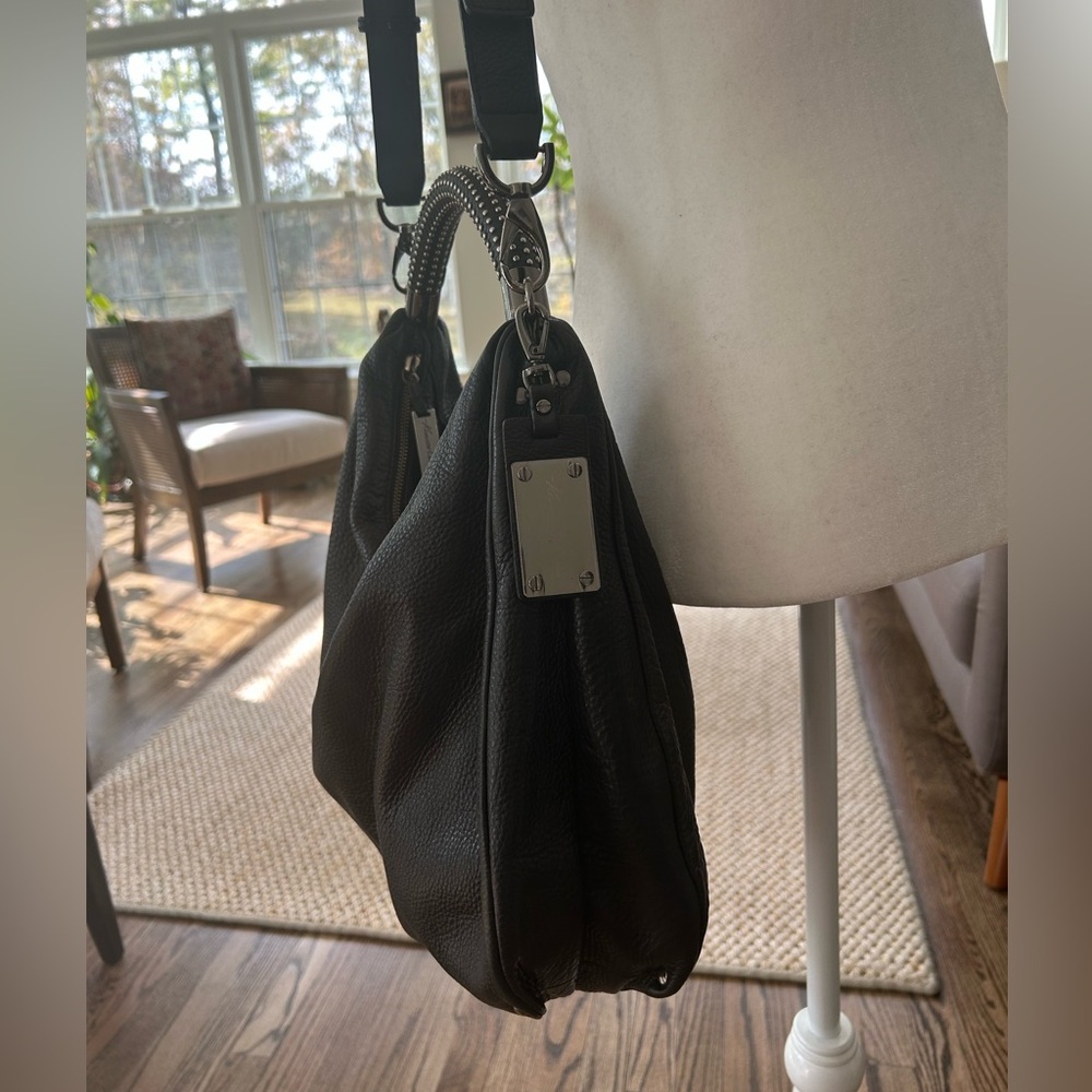KENNETH COLE Black Leather Slouchy Hobo Bag with Studded Handle - Picture 4 of 13
